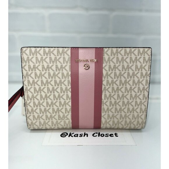 Michael Kors wristlet medium logo stripe zip pouch rose multi - Picture 4 of 9